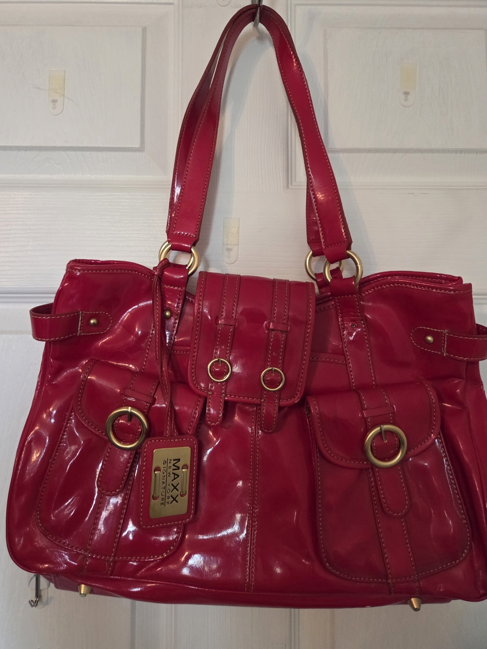 Maxx New York Patent Hot Pink Shoulder Tote with Gold Hardware
